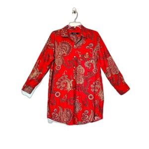 Lauren Ralph Lauren M Cozy Red Paisley Sleepshirt  Long Sleeve Embroidered